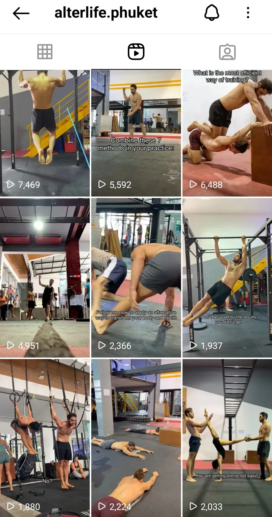 Instagram reel grid — nine training videos with up to 7.4K views