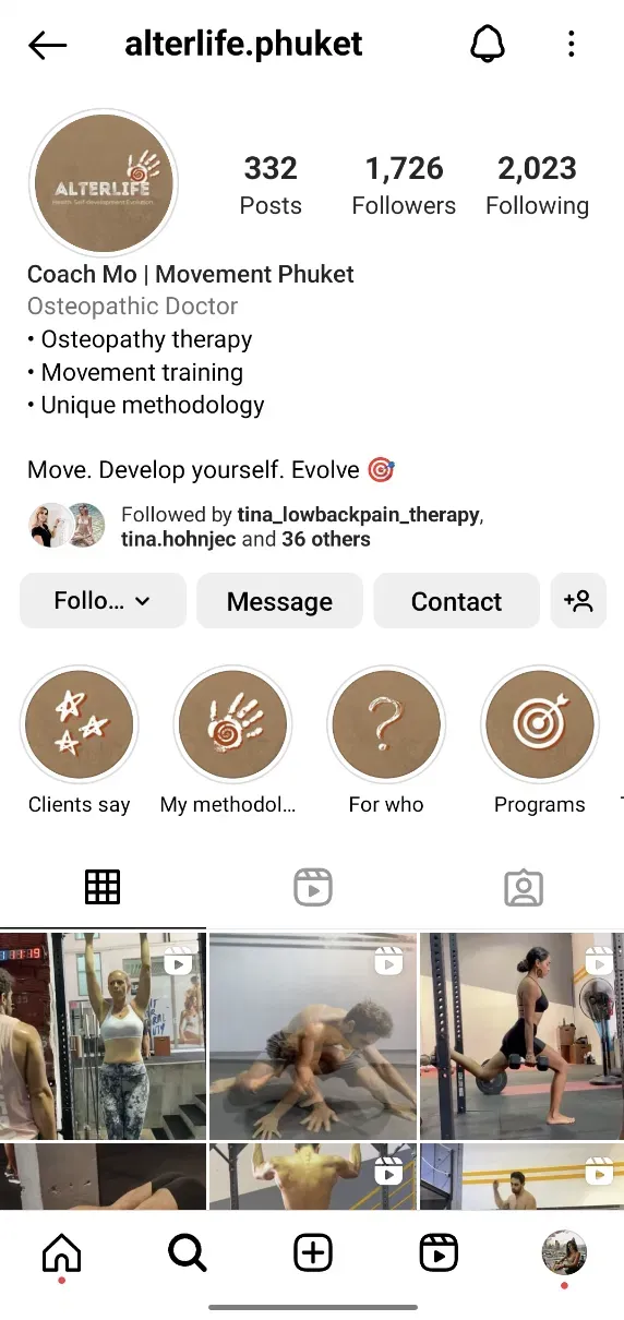 Instagram profile mockup — 1,726 followers, osteopathy and movement coaching