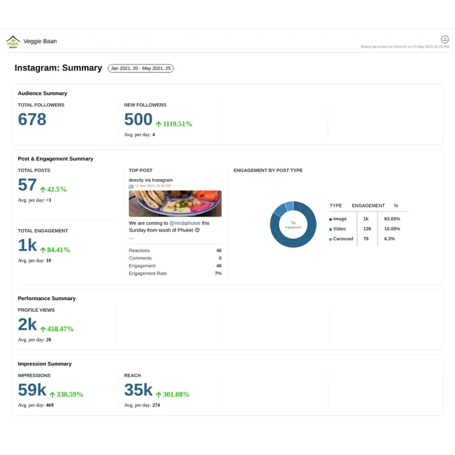 Instagram analytics report — 678 followers, +119.51% growth