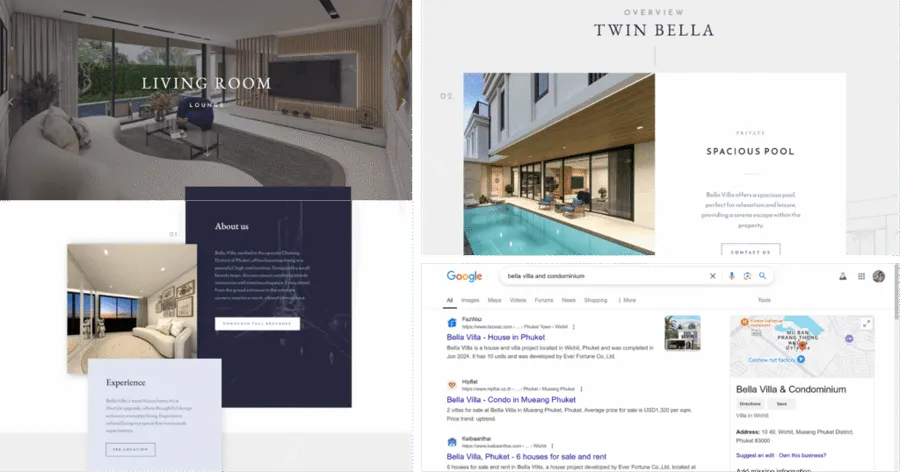 Website pages — living room tour, Twin Bella overview and Google listing