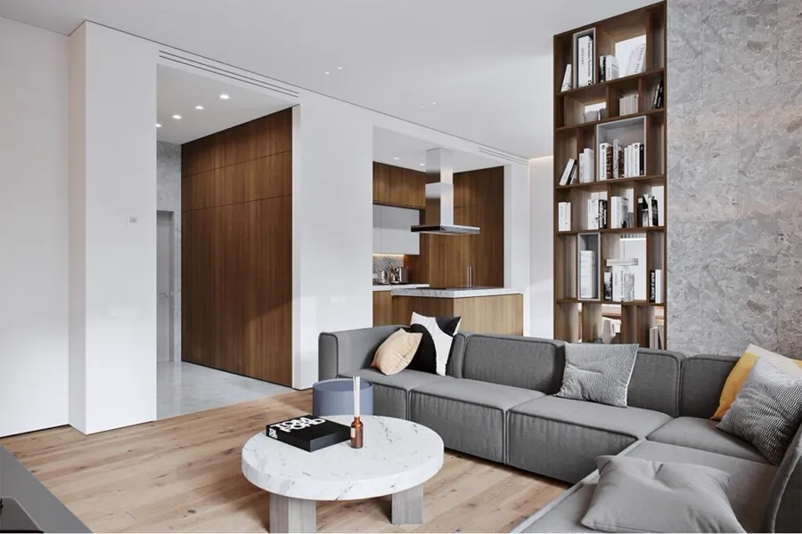 Modern living room and kitchen interior render