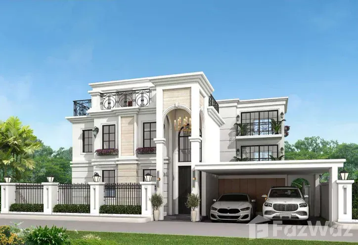 White villa exterior facade with carport