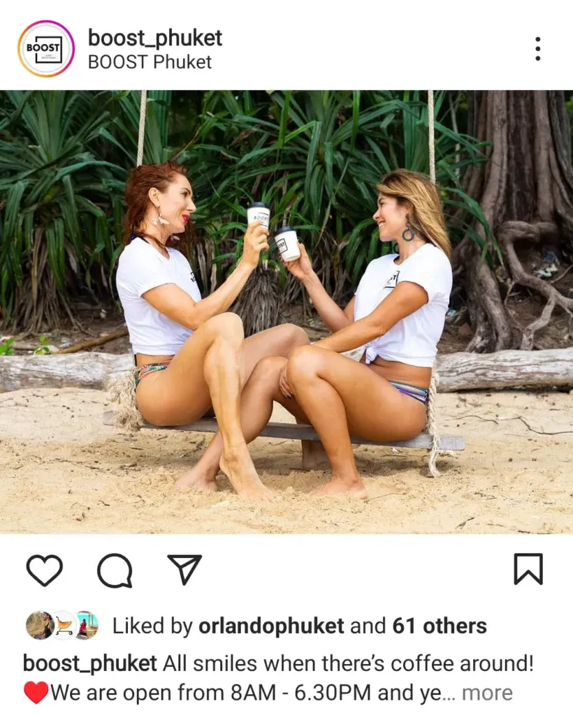 Instagram post — coffee smiles on the beach swing, open 8 AM to 6.30 PM
