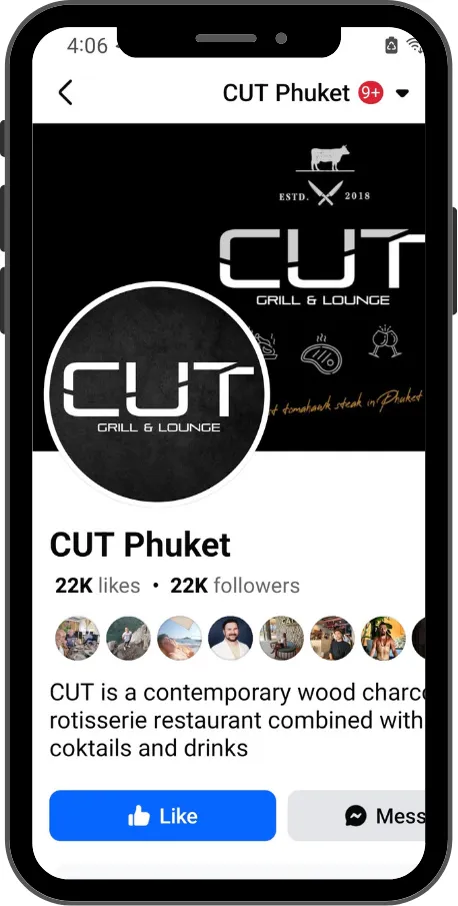 Facebook page mockup on a phone — 22K likes, wood charcoal rotisserie