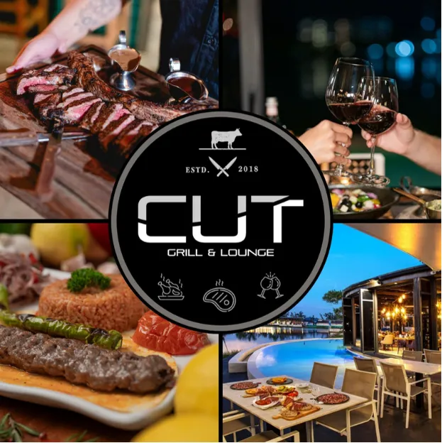 Brand collage — steak carving, kebab plate, wine toast and poolside dining