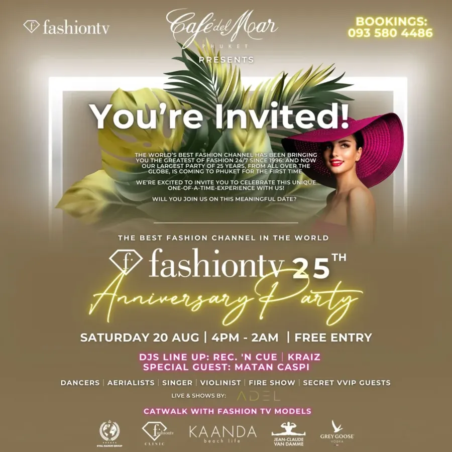 FashionTV 25th Anniversary Party flyer at Cafe del Mar Phuket — free entry
