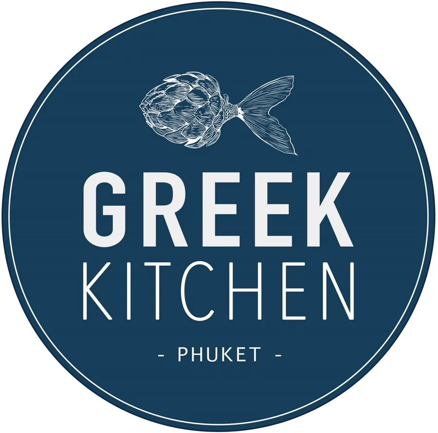 Greek Kitchen brand tile — navy circle with artichoke-fish logo
