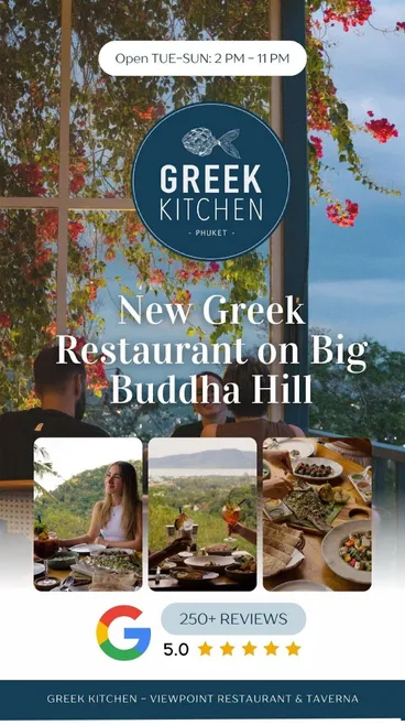 New Greek Restaurant on Big Buddha Hill announcement with 5.0 Google rating