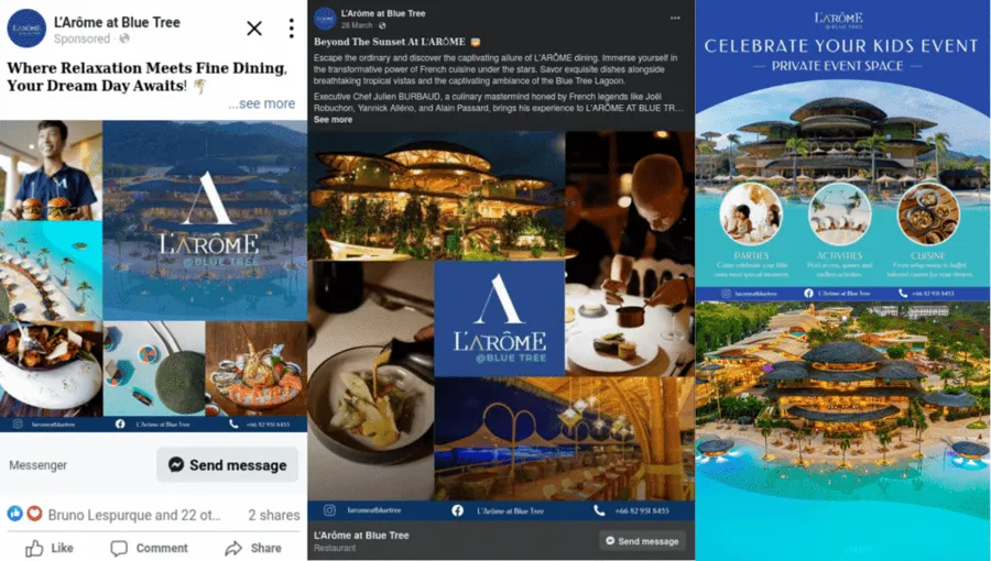 Facebook ads collage — fine dining at the lagoon, chef feature and kids events