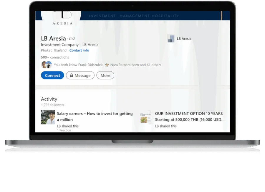 LinkedIn company page mockup on a laptop — 1,293 followers, investment posts