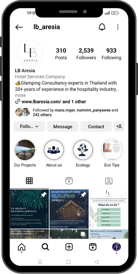 LB Aresia Instagram profile mockup on a phone — 2,539 followers