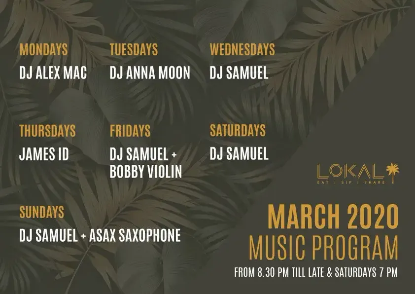 March 2020 music program — weekly DJ line-up schedule