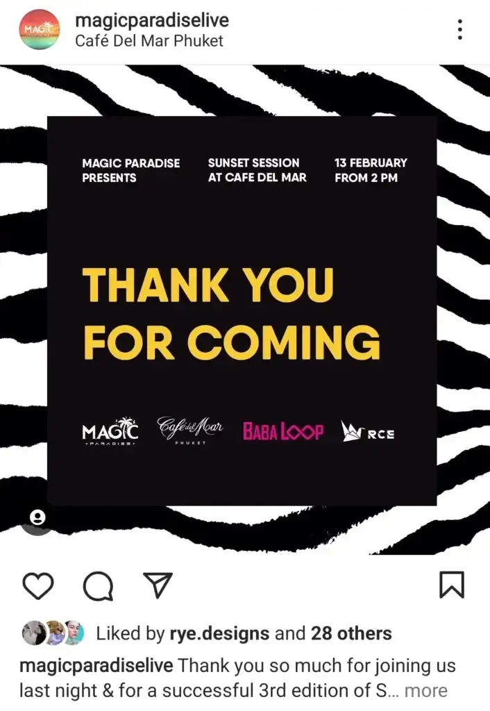 Magic Paradise Instagram post thanking guests for coming