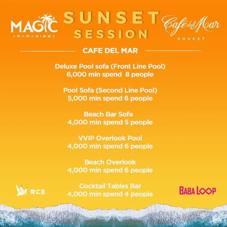 Sunset Session table packages menu at Café del Mar Phuket