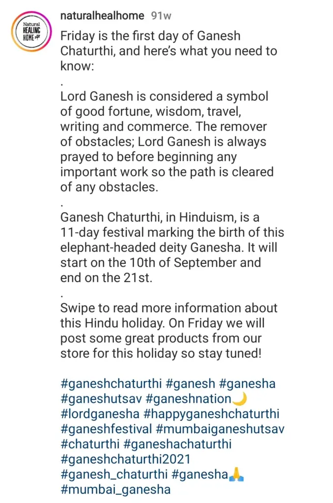 Ganesh Chaturthi caption explaining the 11-day Hindu festival