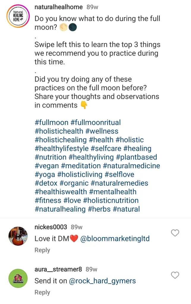 Full moon rituals caption with wellness hashtags
