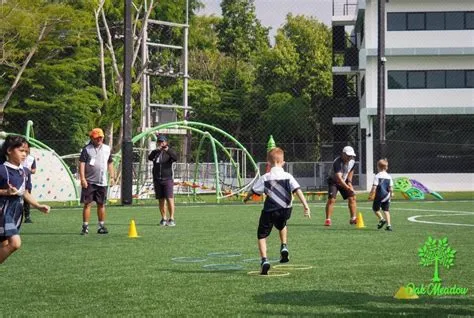 Kids football training session with coaches on the school sports field