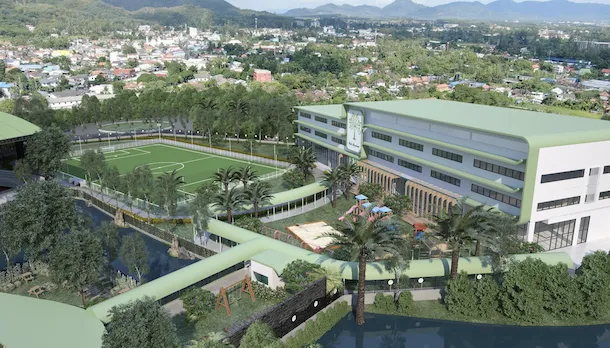 3D aerial render of the Oak Meadow campus and football field