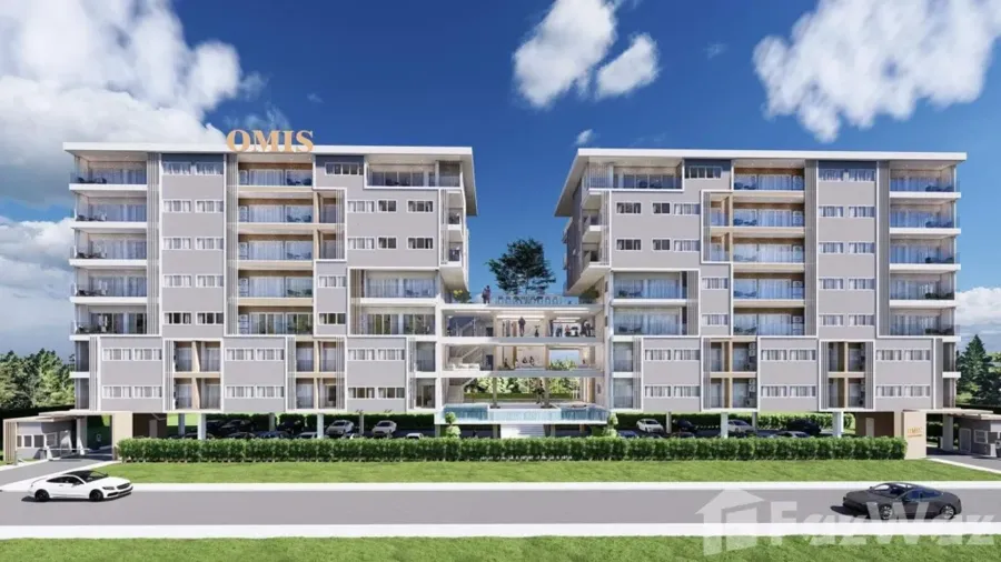Twin building exterior render with rooftop OMIS sign