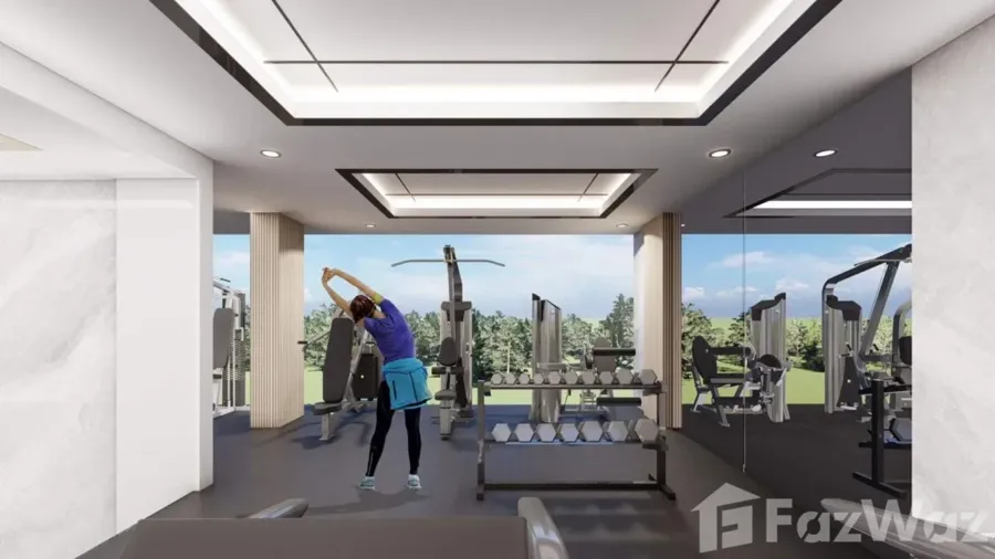Fitness room render with dumbbell rack and mirror wall
