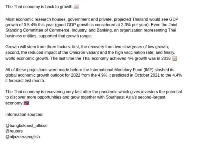 Thai economy back to growth — market analysis post citing Bangkok Post and Reuters