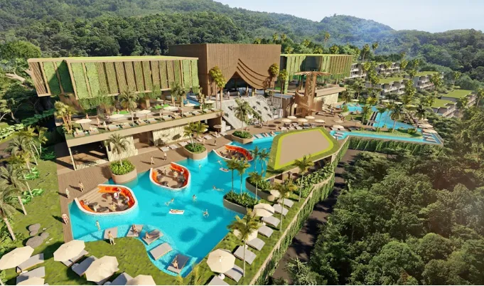 Aerial render of the Patong Bay Hill resort with lagoon pools