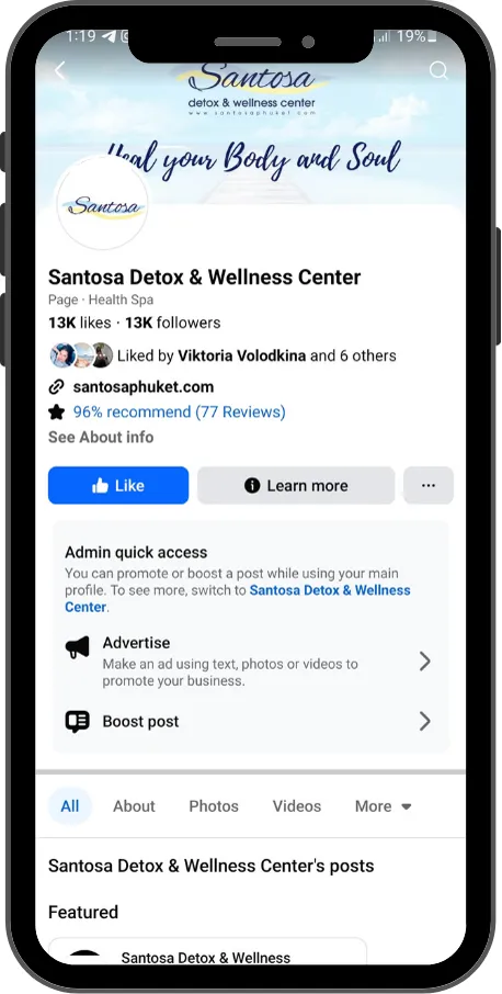 Facebook page snapshot — 13K followers, 96% recommend from 77 reviews