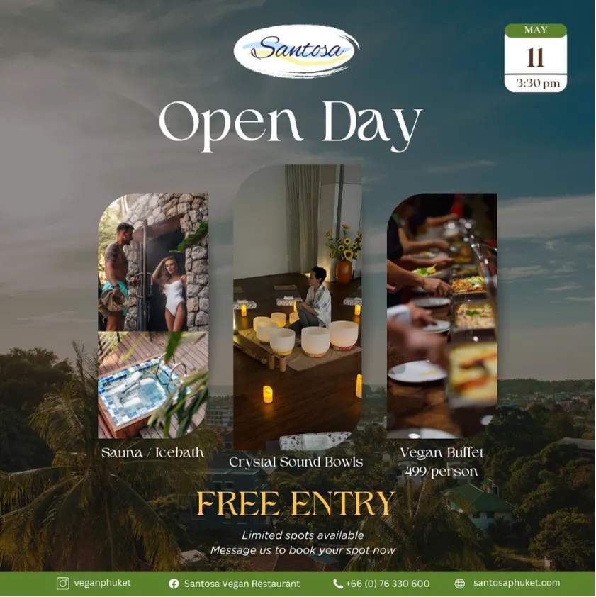 Open Day event flyer — sauna and ice bath, crystal sound bowls, vegan buffet
